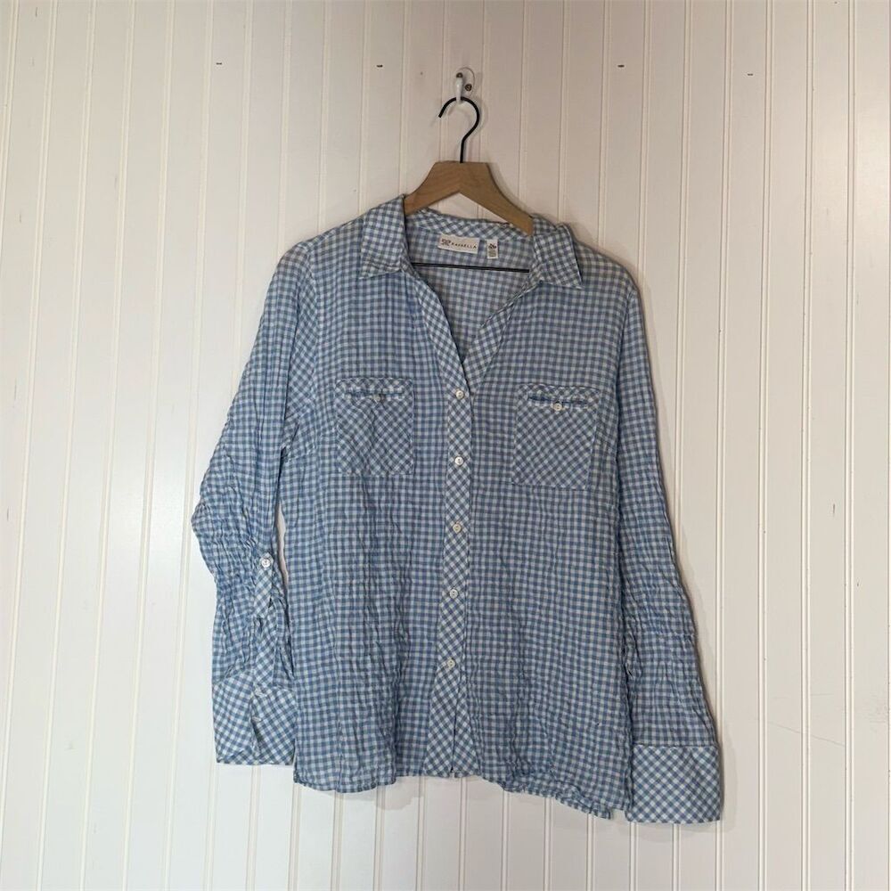 Rafaella XL Blue White Gingham Button Front‎ Shirt Stretch Cotton Blouse Cottage